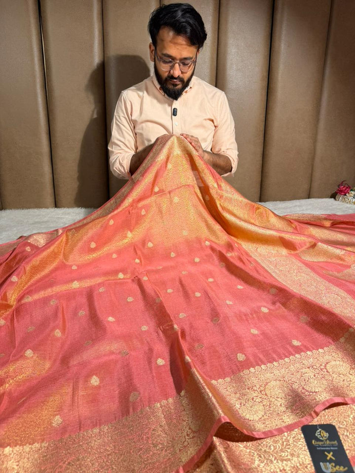 Peach Shade Premium Katan Tissue Banarasi Saree