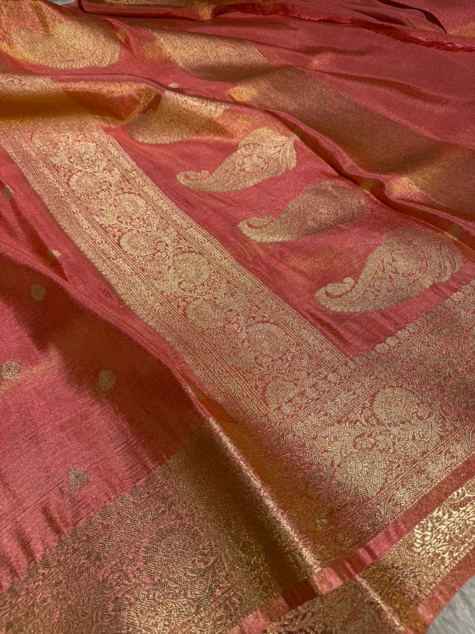 Peach Shade Premium Katan Tissue Banarasi Saree