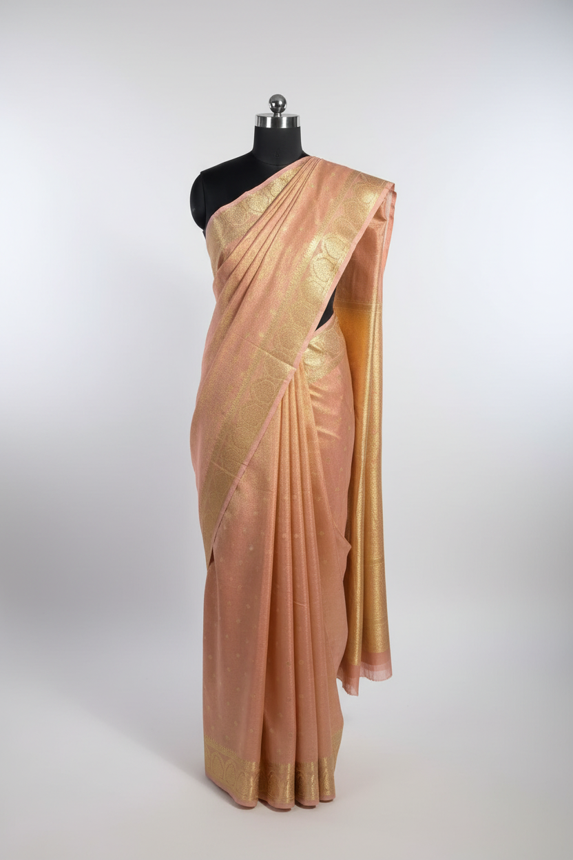 Peach Soft Breathable Tissue Silk Saree with Rich Pallu and Blouse