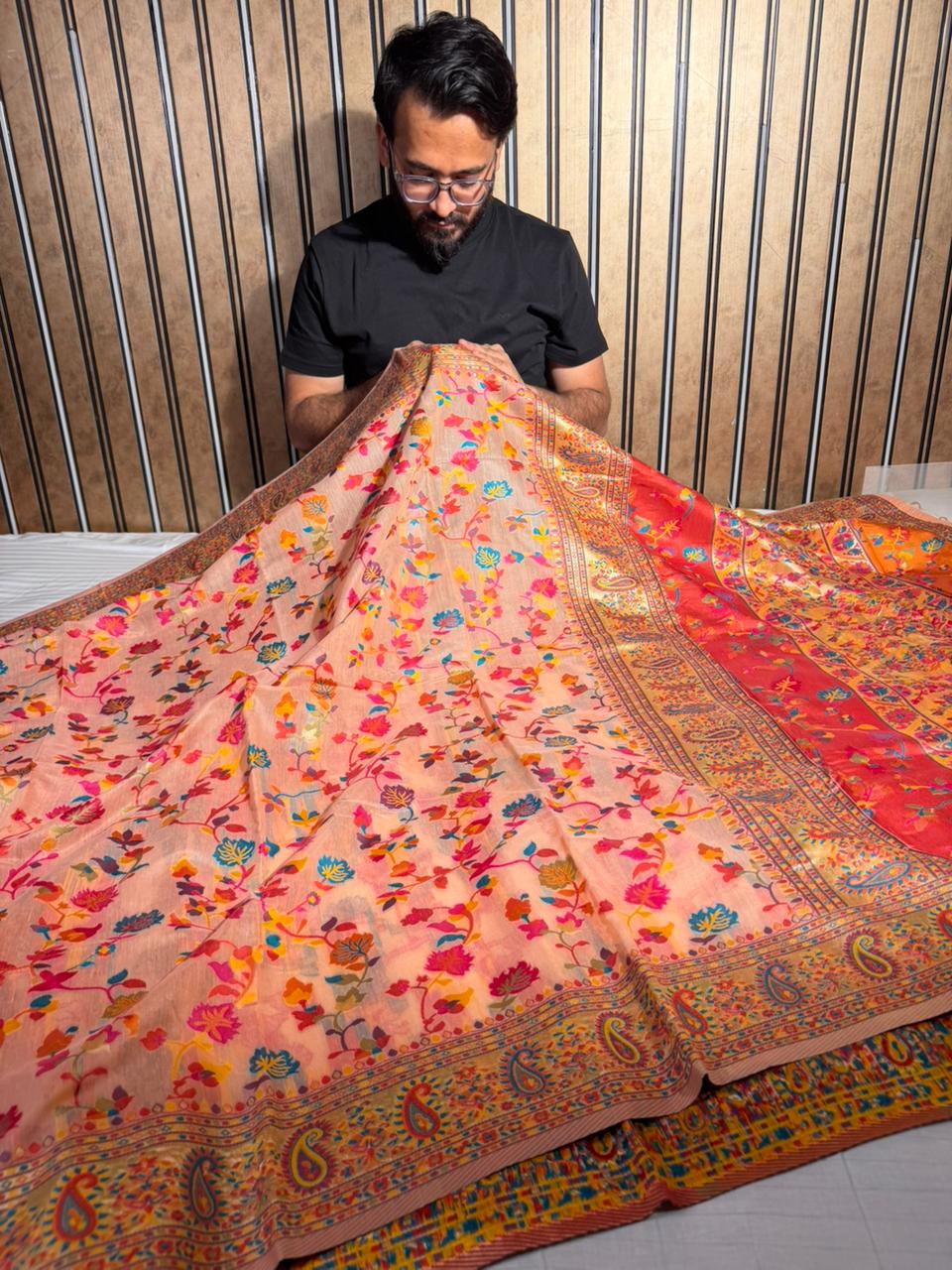 Peachies Pashmina Soft Cotton Silk Saree with Exclusive Work in Pallu and Running Blouse