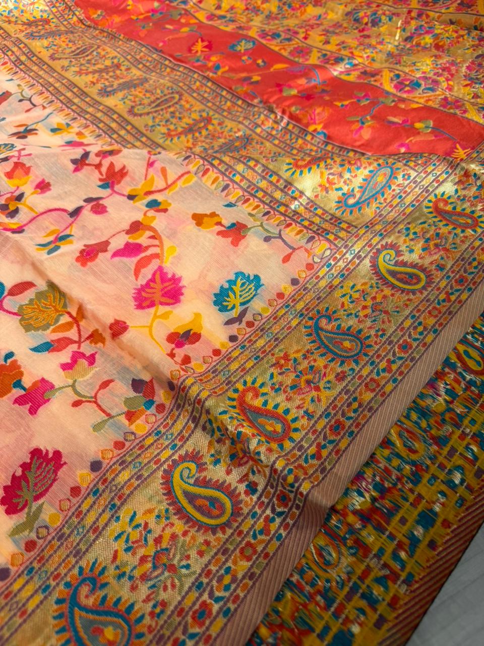 Peachies Pashmina Soft Cotton Silk Saree with Exclusive Work in Pallu and Running Blouse