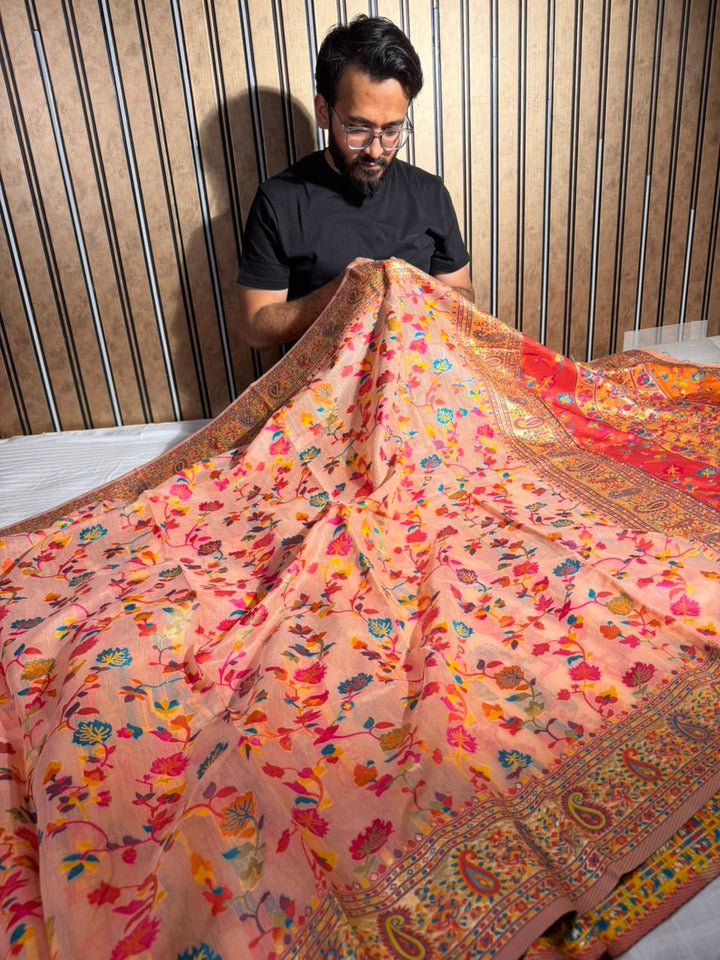 Peachies Pashmina Soft Cotton Silk Saree with Exclusive Work in Pallu and Running Blouse