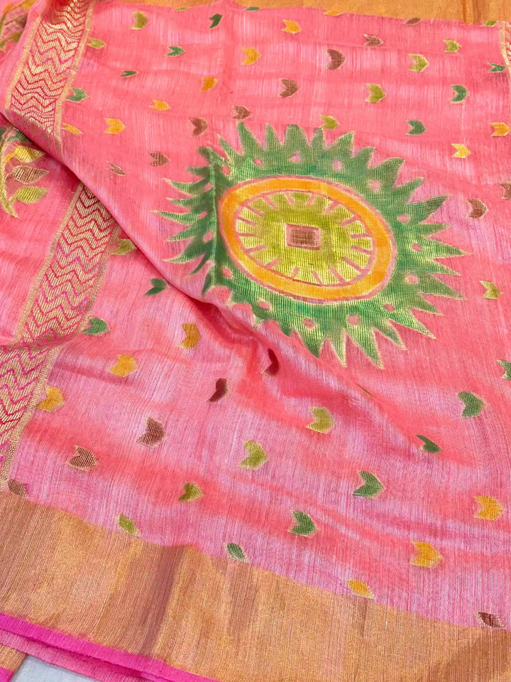 Peachish Pink Pure Matka Silk Rangkat Banarasi Saree