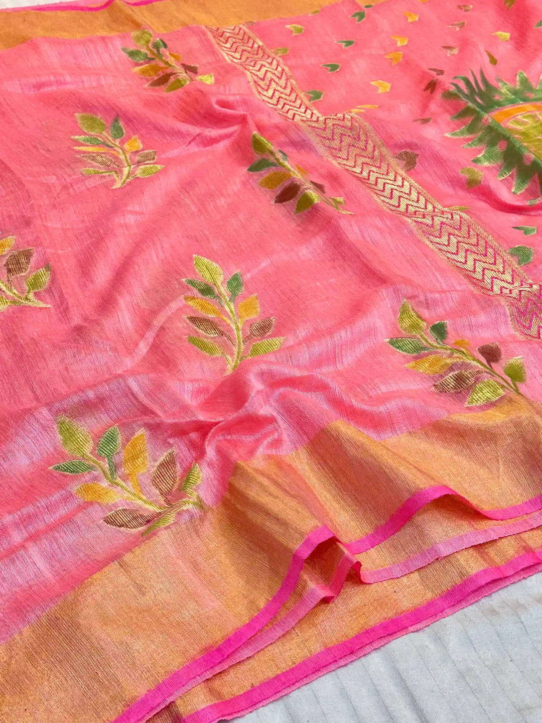 Peachish Pink Pure Matka Silk Rangkat Banarasi Saree