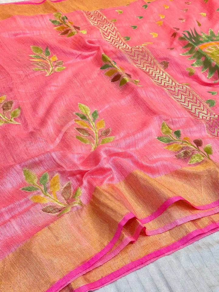 Peachish Pink Pure Matka Silk Rangkat Banarasi Saree