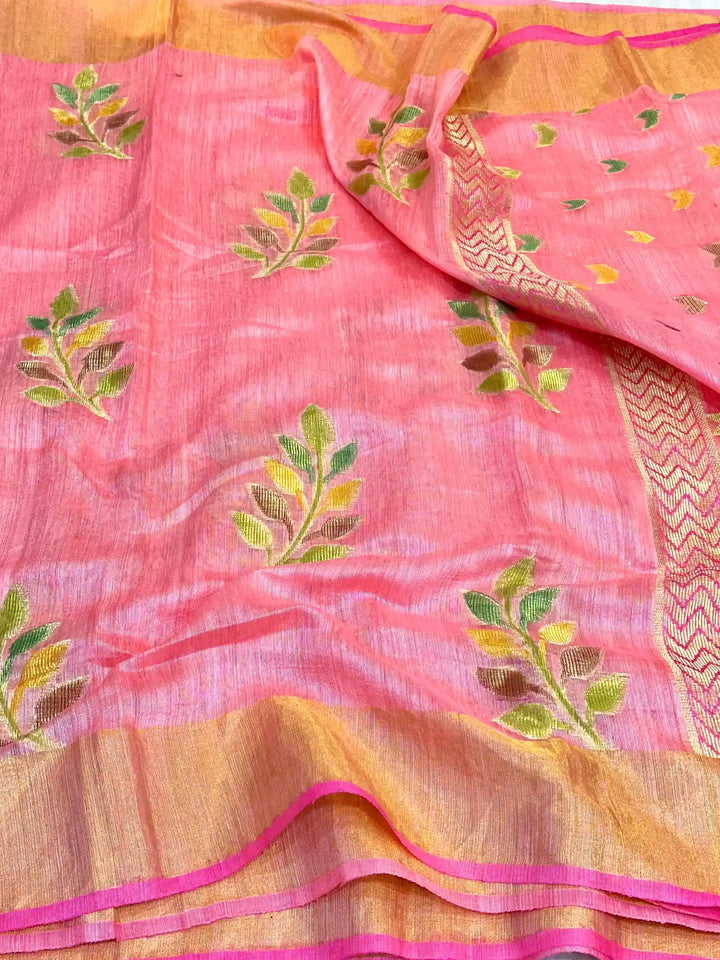 Peachish Pink Pure Matka Silk Rangkat Banarasi Saree