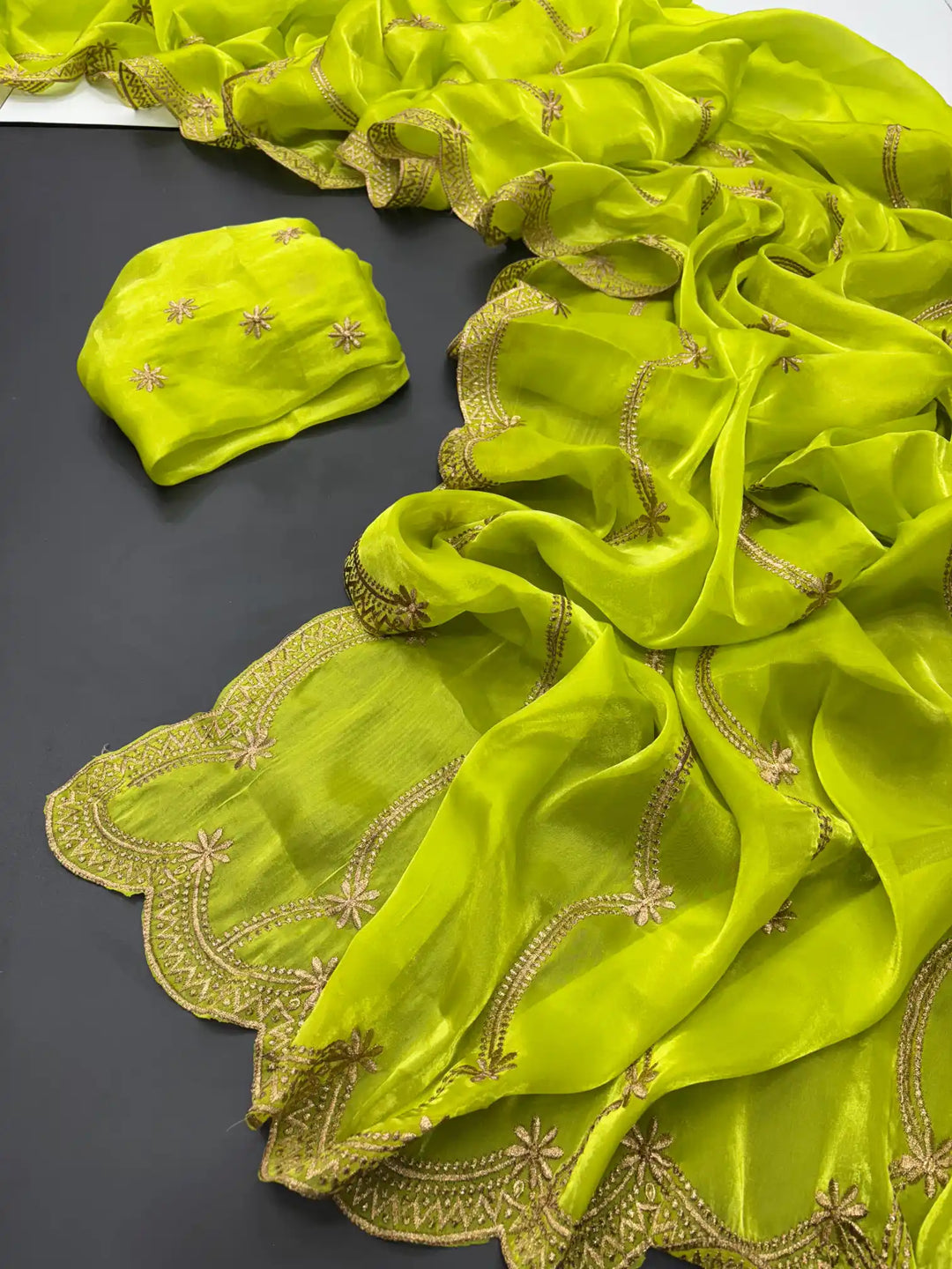 Pear Green Shimmery Tissue Silk Saree with Lace Work