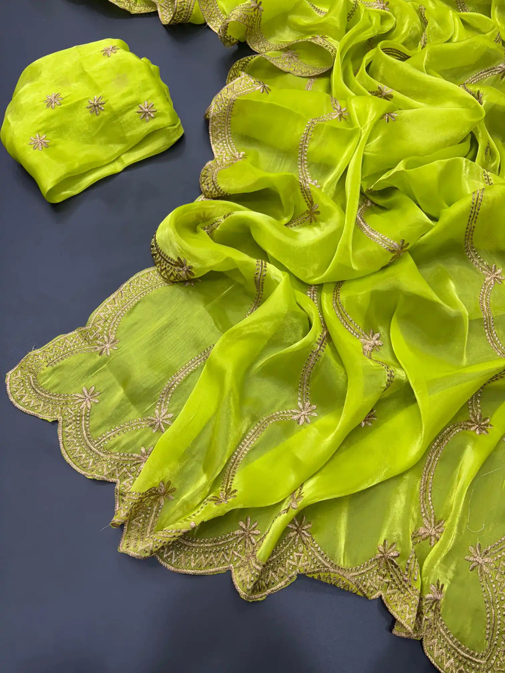 Pear Green Shimmery Tissue Silk Saree with Lace Work