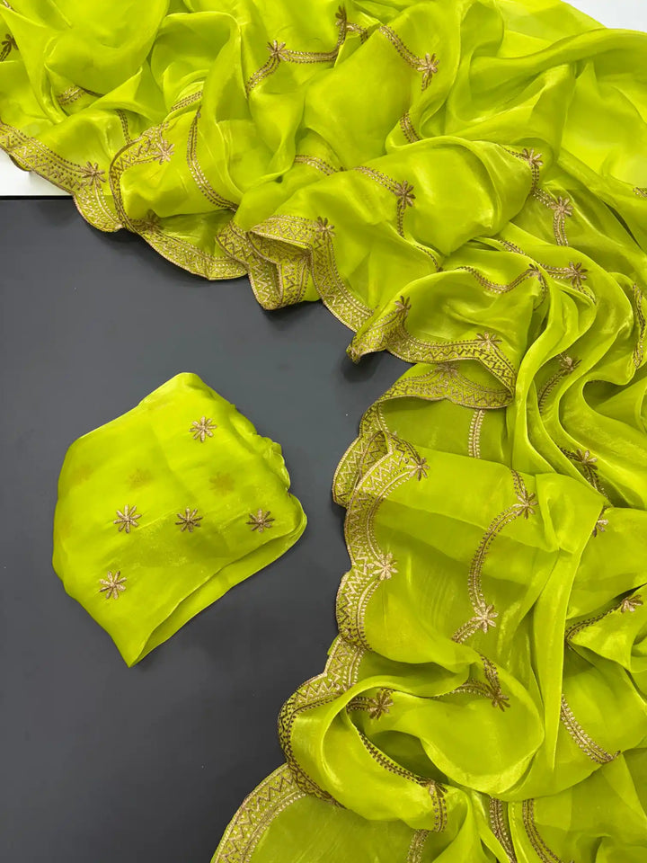 Pear Green Shimmery Tissue Silk Saree with Lace Work
