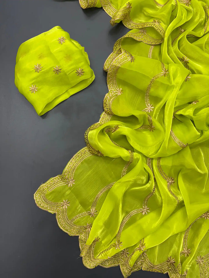Pear Green Shimmery Tissue Silk Saree with Lace Work