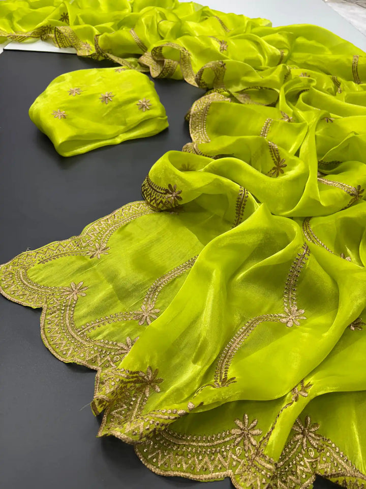 Pear Green Shimmery Tissue Silk Saree with Lace Work