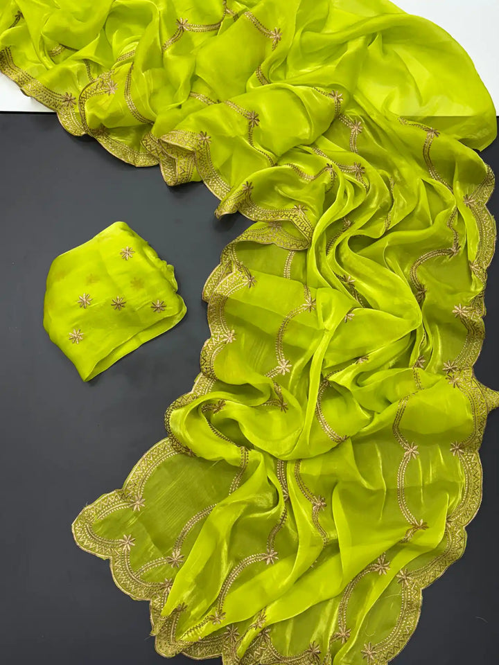 Pear Green Shimmery Tissue Silk Saree with Lace Work