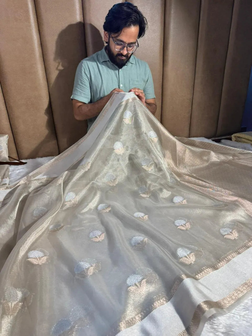 Pearl white tissue silk saree with rich pallu and blouse