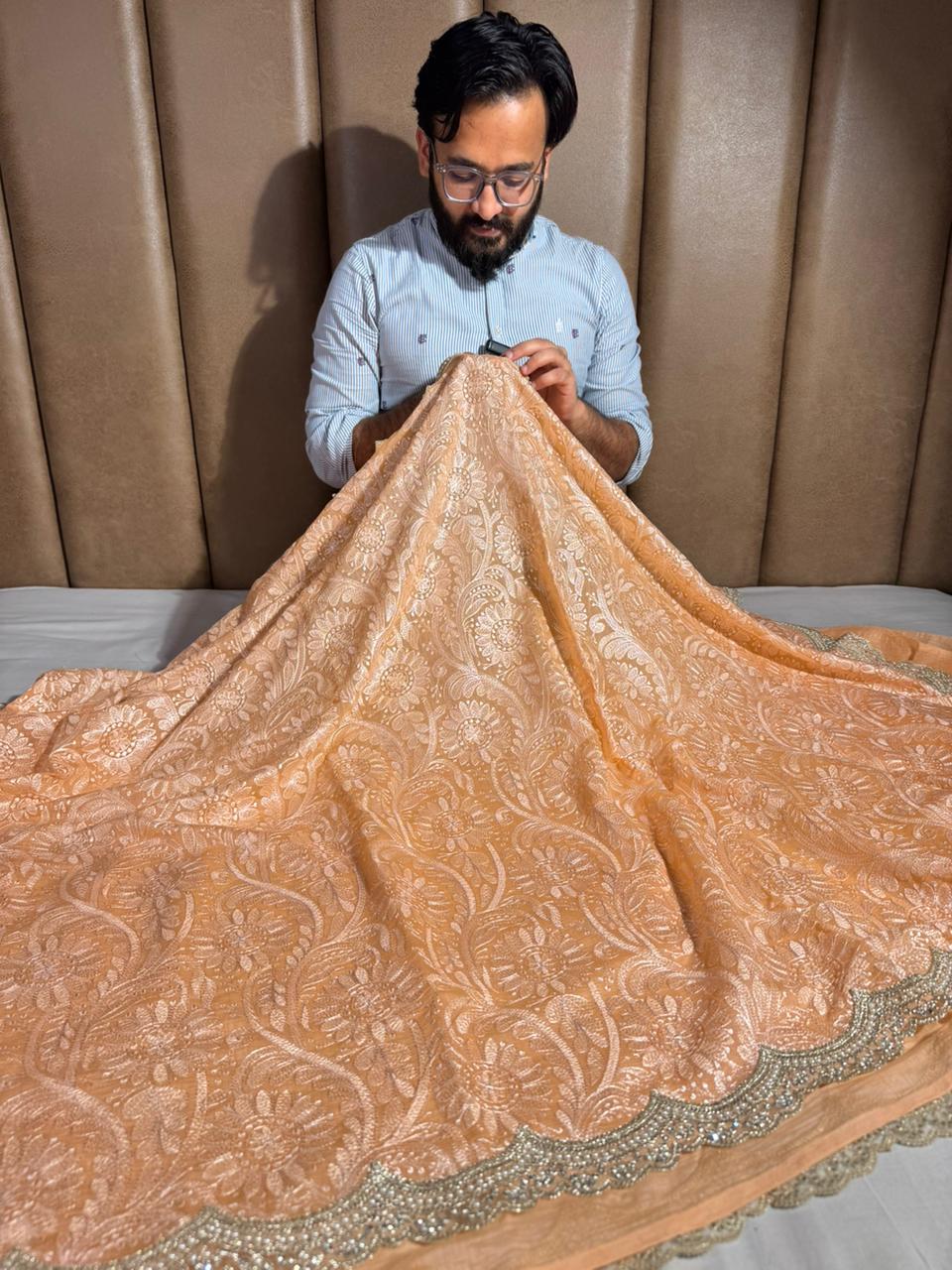 Persian Orange Pure Mul Chanderi Chikankari Work Banarasi Saree
