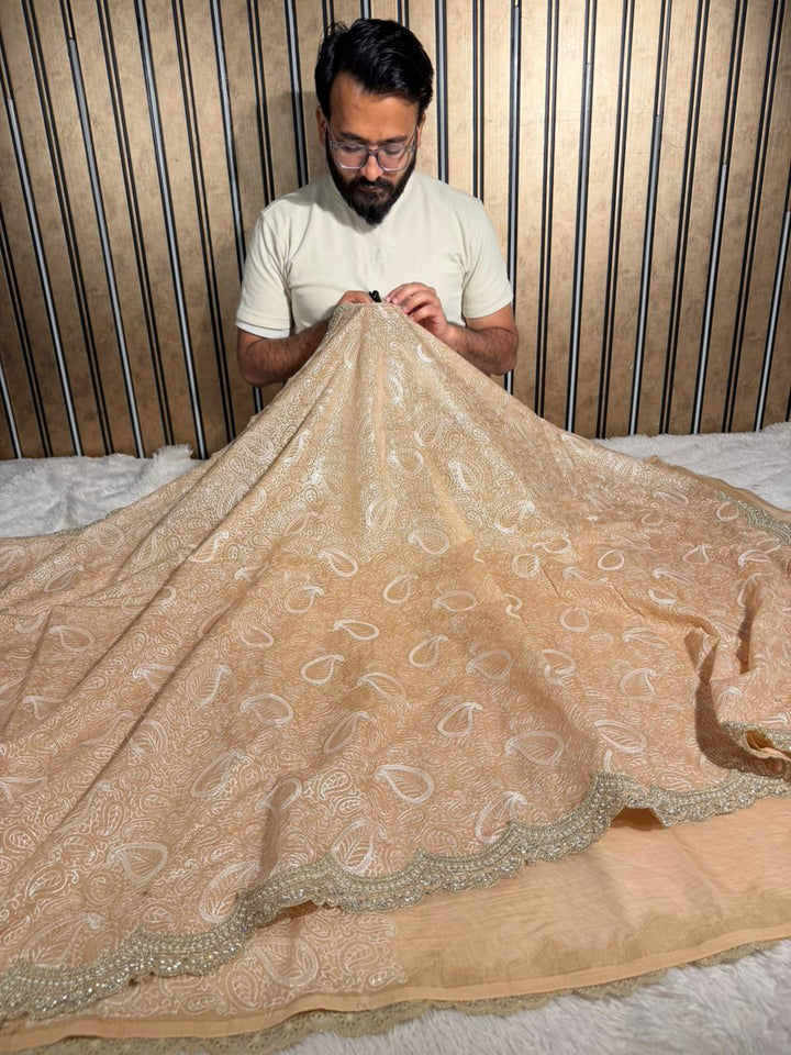 Persian Orange Pure Mul Chanderi Chikankari Work Banarasi Saree
