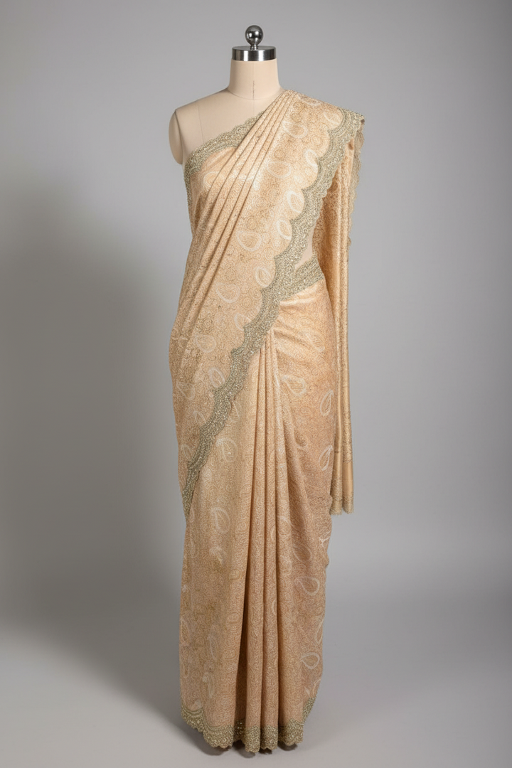 Persian Orange Pure Mul Chanderi Chikankari Work Banarasi Saree