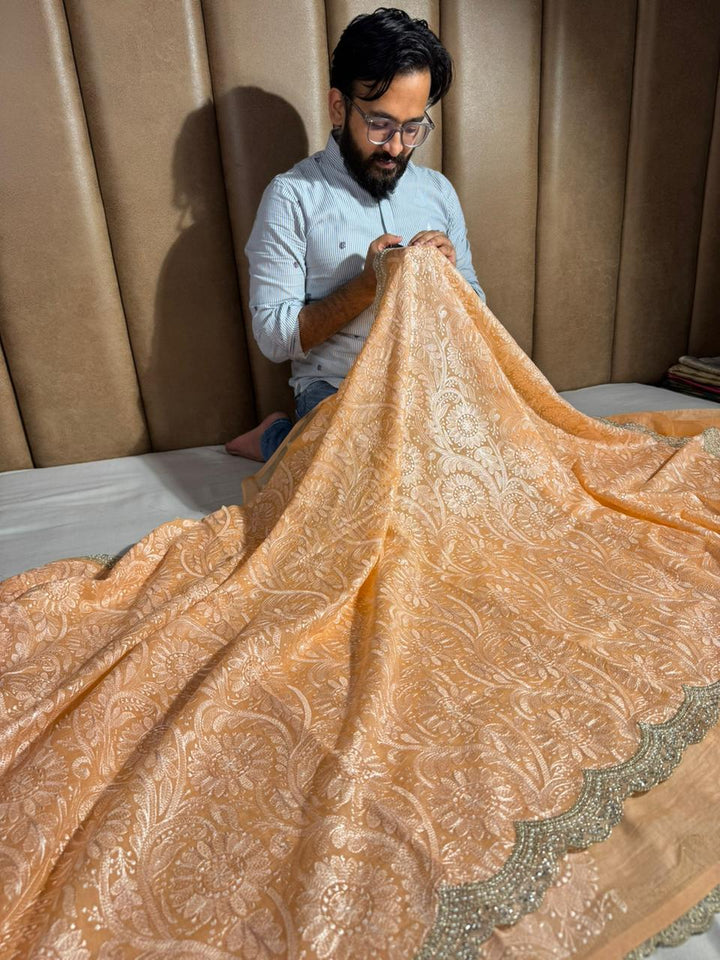 Persian Orange Pure Mul Chanderi Chikankari Work Banarasi Saree