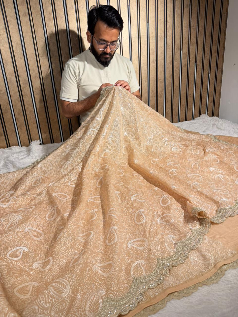 Persian Orange Pure Mul Chanderi Chikankari Work Banarasi Saree