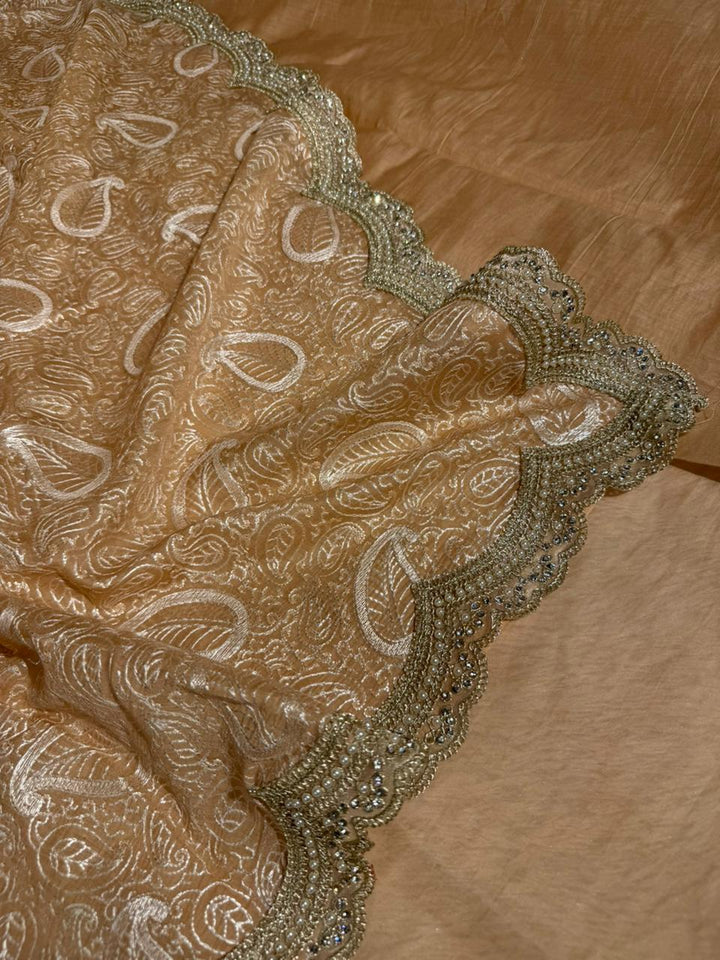 Persian Orange Pure Mul Chanderi Chikankari Work Banarasi Saree