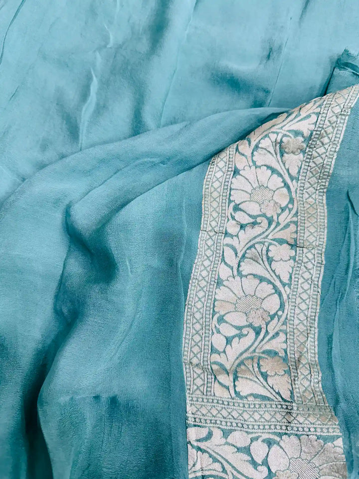 Mint Green Handbrush Khaddi Georgette Banarasi Saree