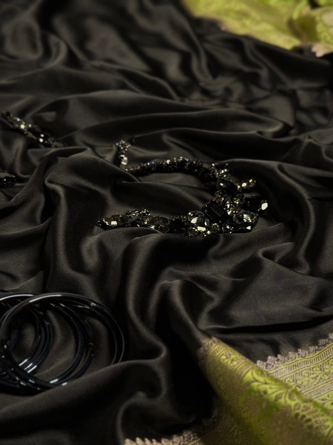 Olive Green Masru Katan Saree With Silver-Tone Floral Design
