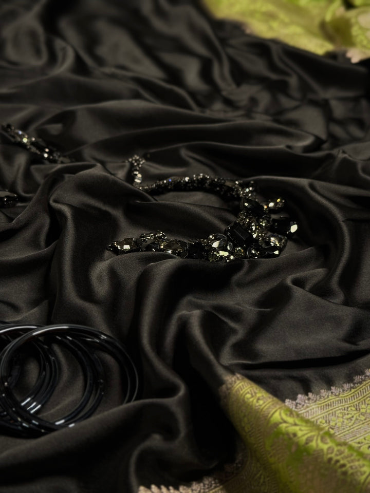 Olive Green Masru Katan Saree With Silver-Tone Floral Design
