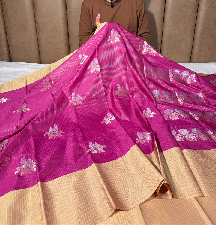 Rani Peach Checkered Banarasi Silk Saree
