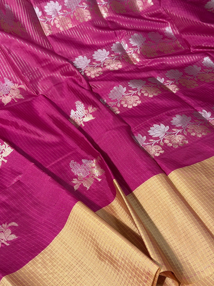 Rani Peach Checkered Banarasi Silk Saree