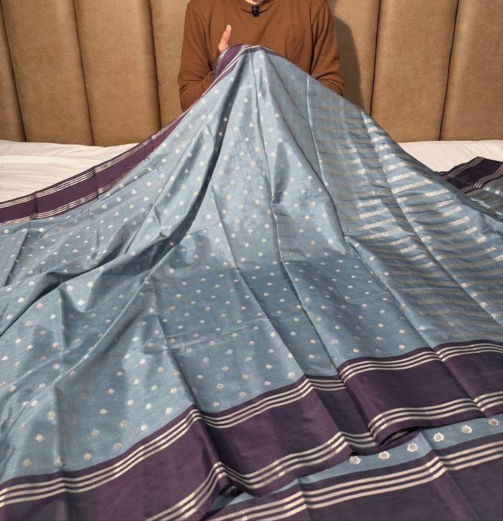 Light Grey Traditional Buti Banarasi Silk Saree