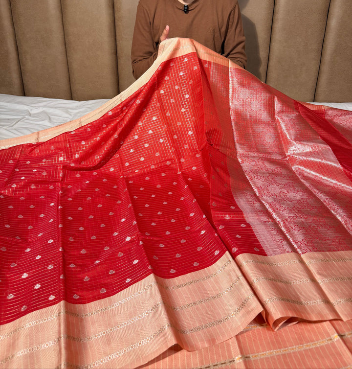 Red Peach Checks Weave Banarasi Silk Saree