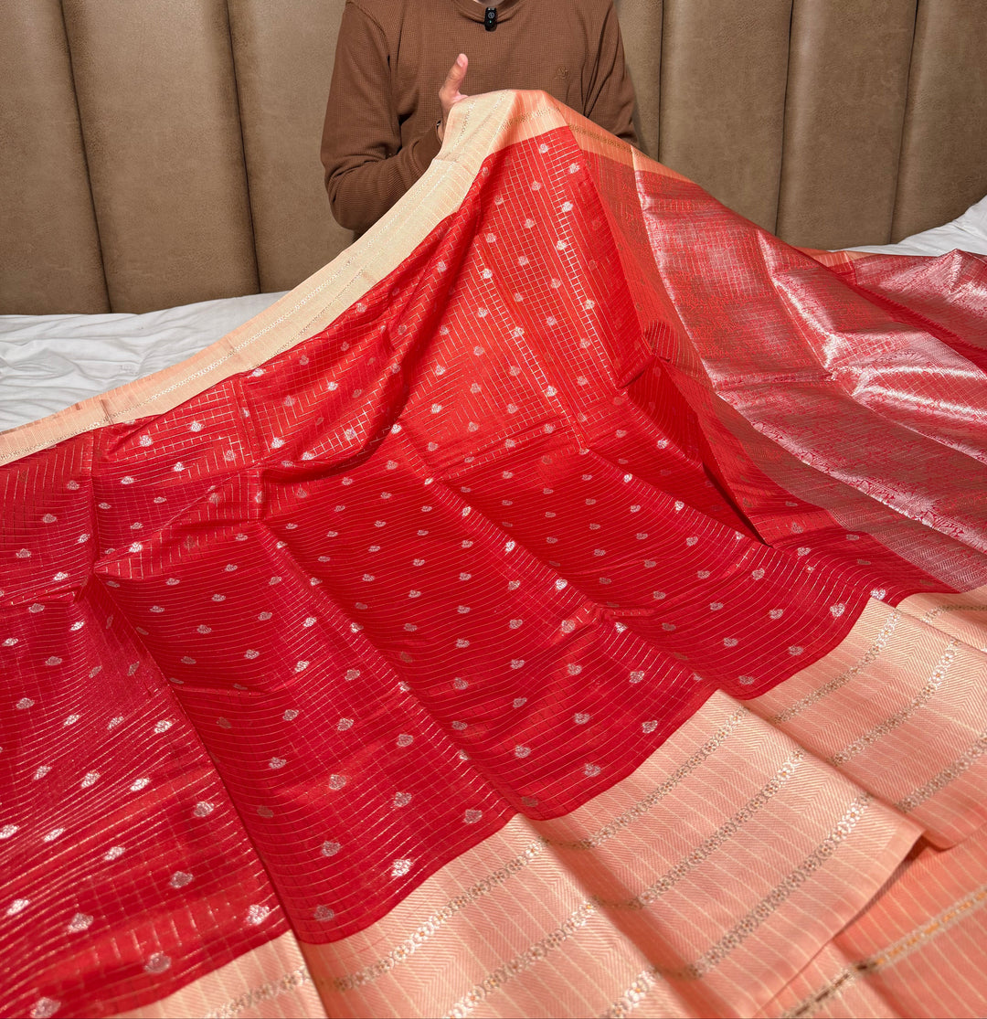 Red Peach Checks Weave Banarasi Silk Saree