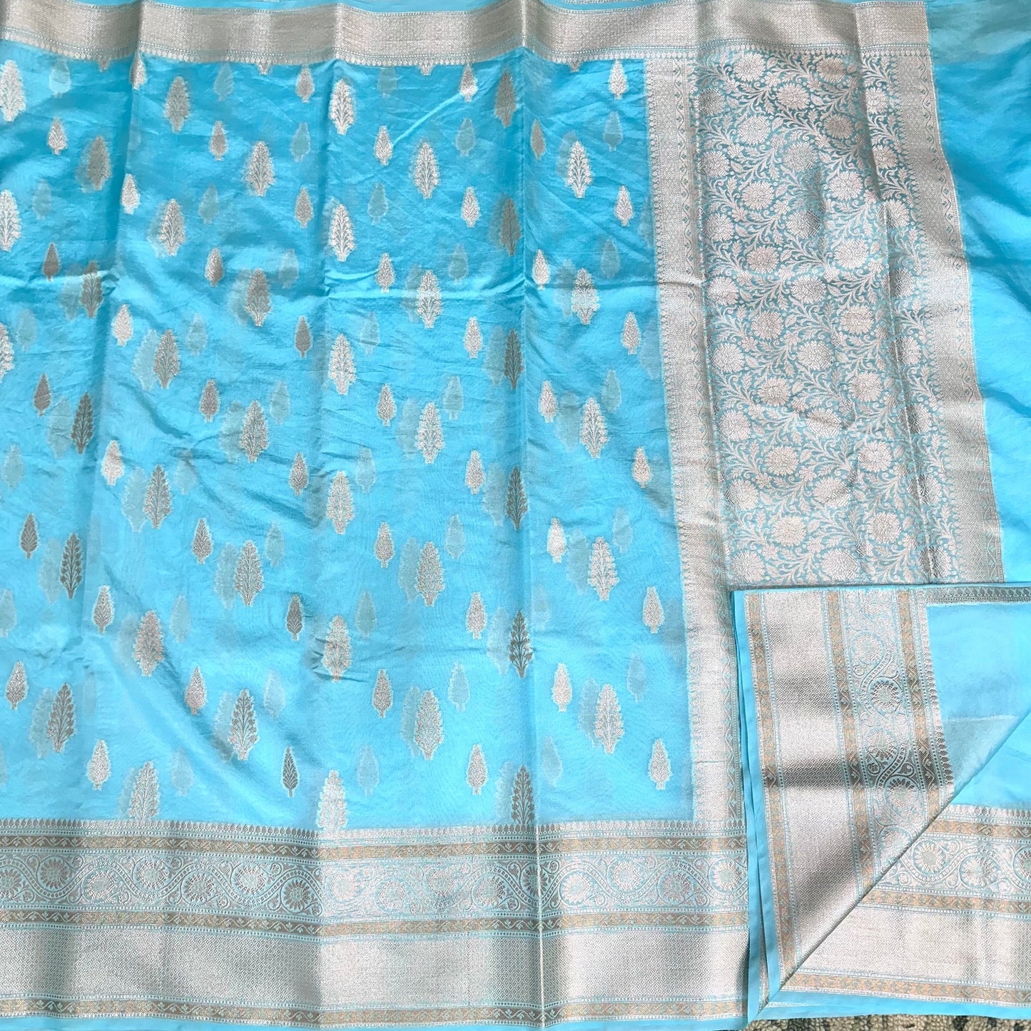 Bright Neon Blue Chinia Silk Banarasi Saree