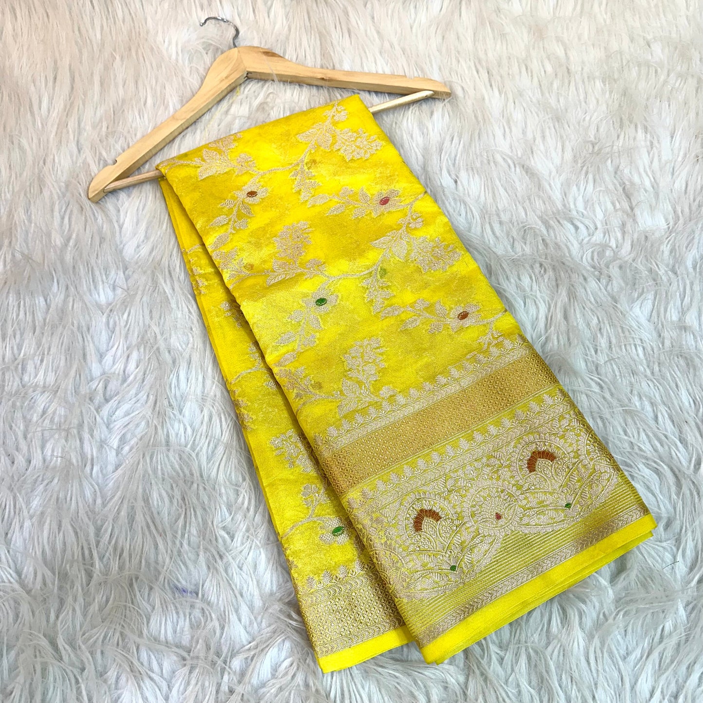 Bright Yellow Chinia Silk Banarasi Saree