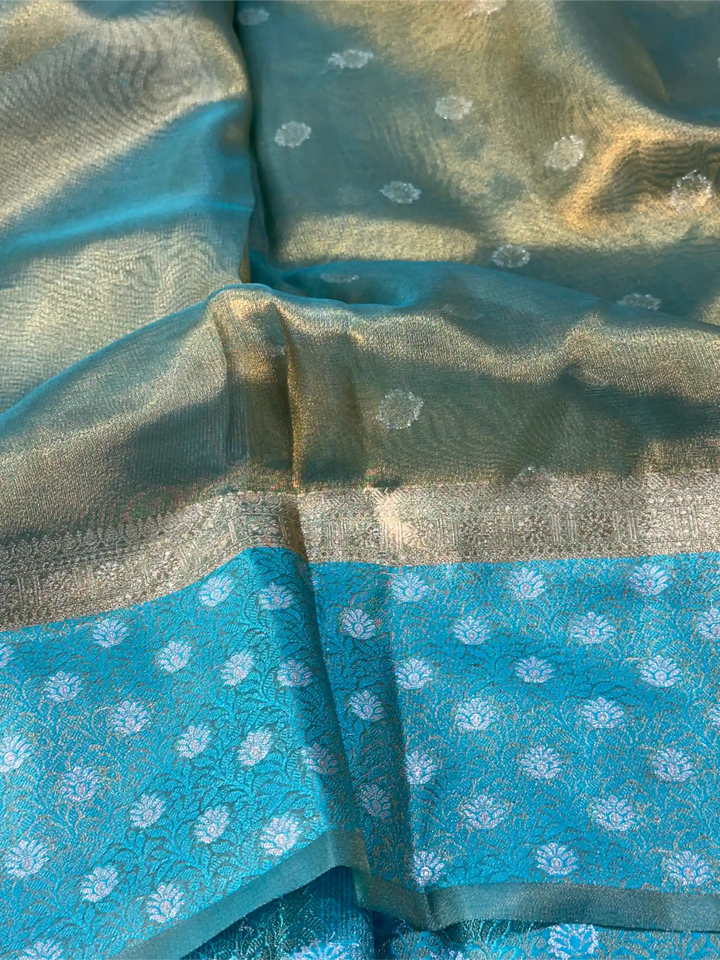 Close-up of a fabric with blue and green patterns