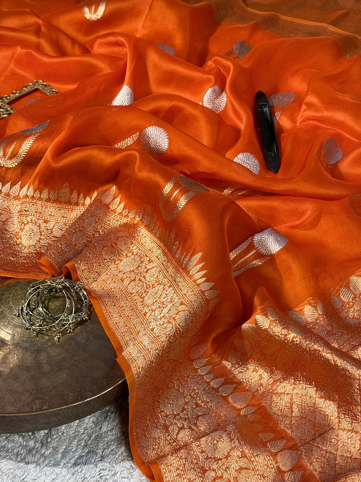 Metallic Orange Handloom Weave Pure Kora Silk Banarasi Saree