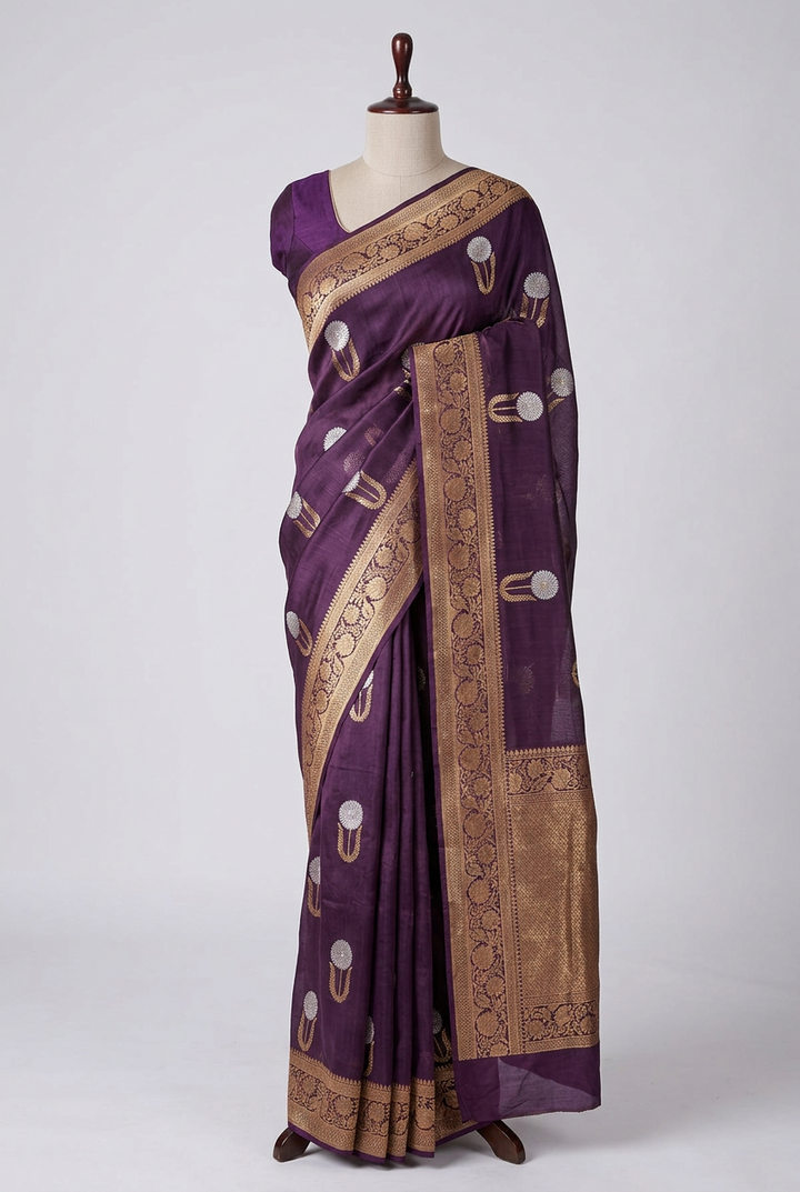 Rare Wine Shade Pure Kora Silk Banarasi Saree with Handloom Weave