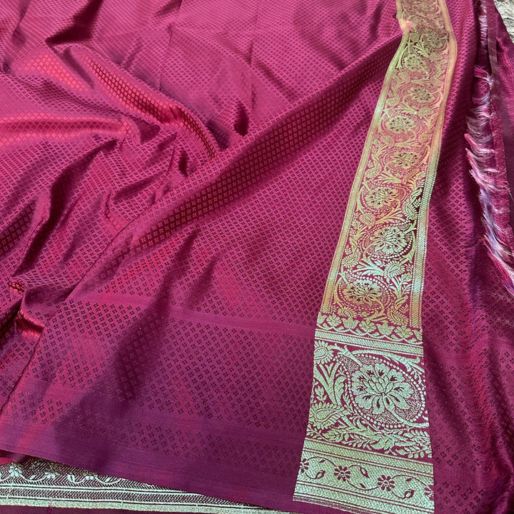 Magenta Satin Katan Silk Bridal Banarasi Saree