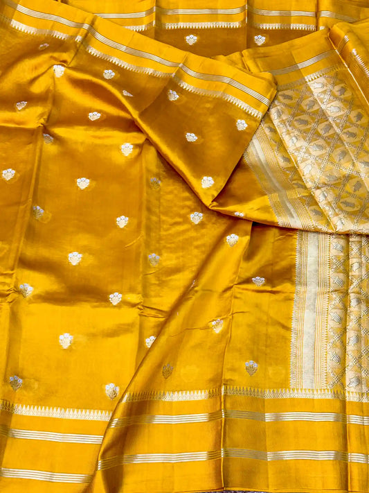 Mustard Yellow Raw Mango Silk Banarasi Saree