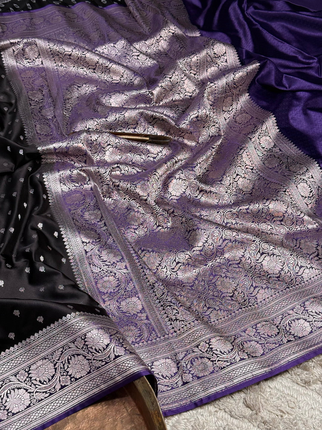 Midnight Black Mashru Katan Saree With Silver Buti & Purple Border