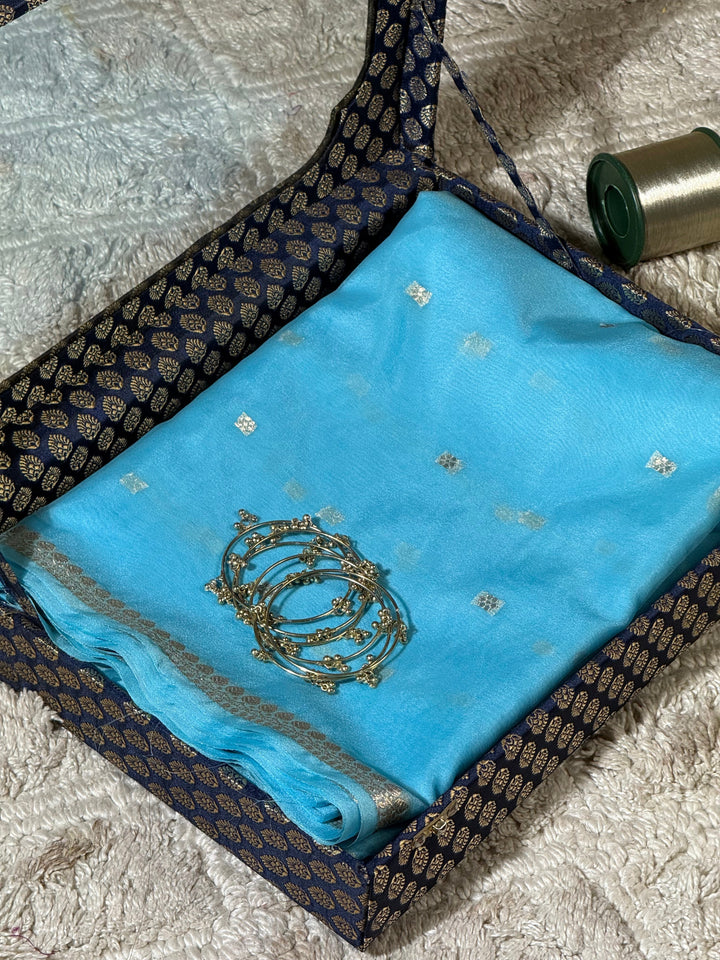 Sky Blue Zari Butti Silk Saree With Elegant Border
