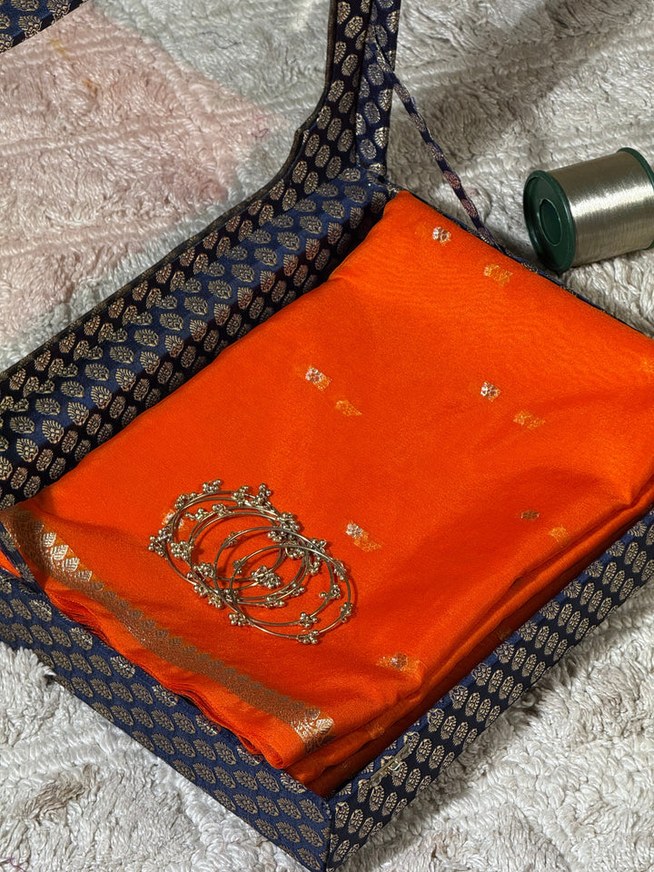 Sunset Orange Zari Butti Silk Saree With Elegant Border