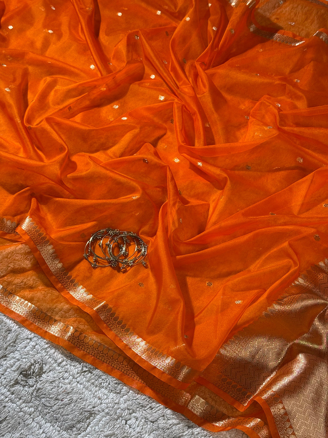 Sunset Orange Zari Butti Silk Saree With Elegant Border