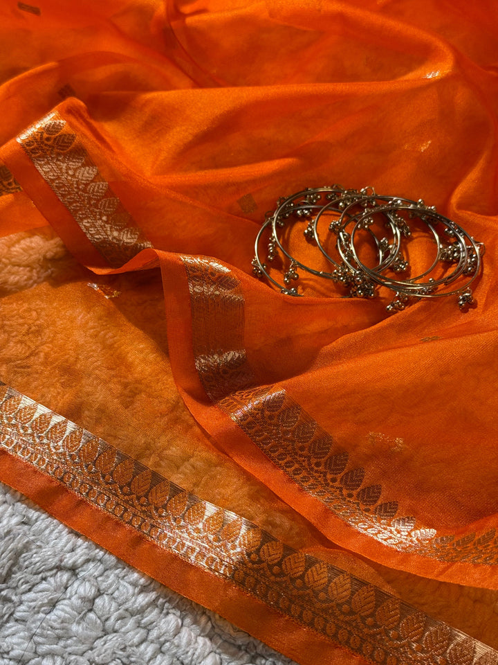 Sunset Orange Zari Butti Silk Saree With Elegant Border