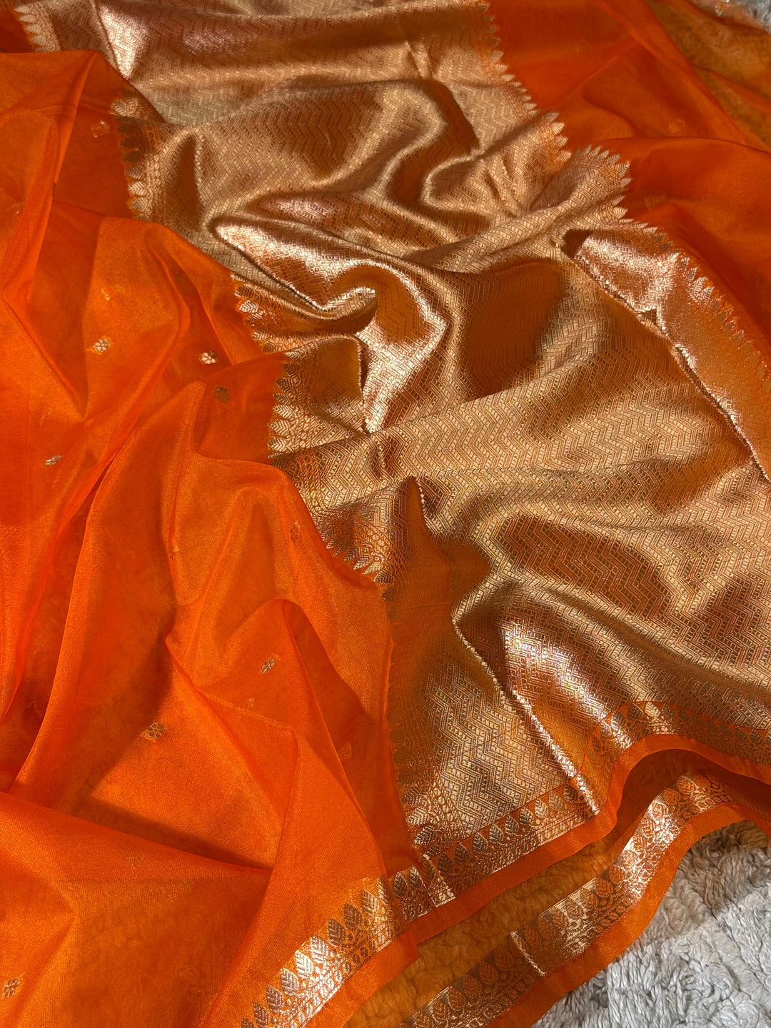 Sunset Orange Zari Butti Silk Saree With Elegant Border