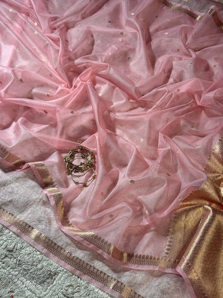 Blush Pink Zari Butti Silk Saree With Elegant Border