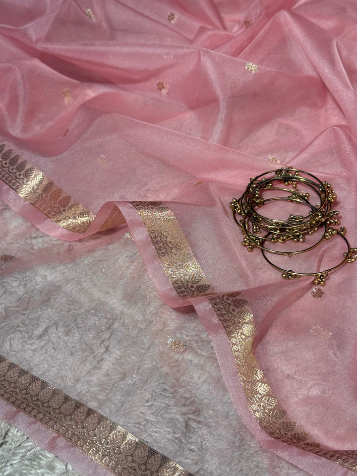 Blush Pink Zari Butti Silk Saree With Elegant Border