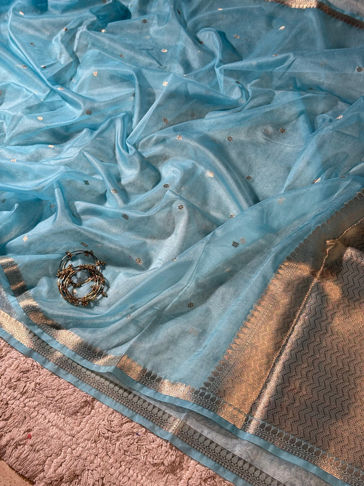 Sky Blue Zari Butti Silk Saree With Elegant Border