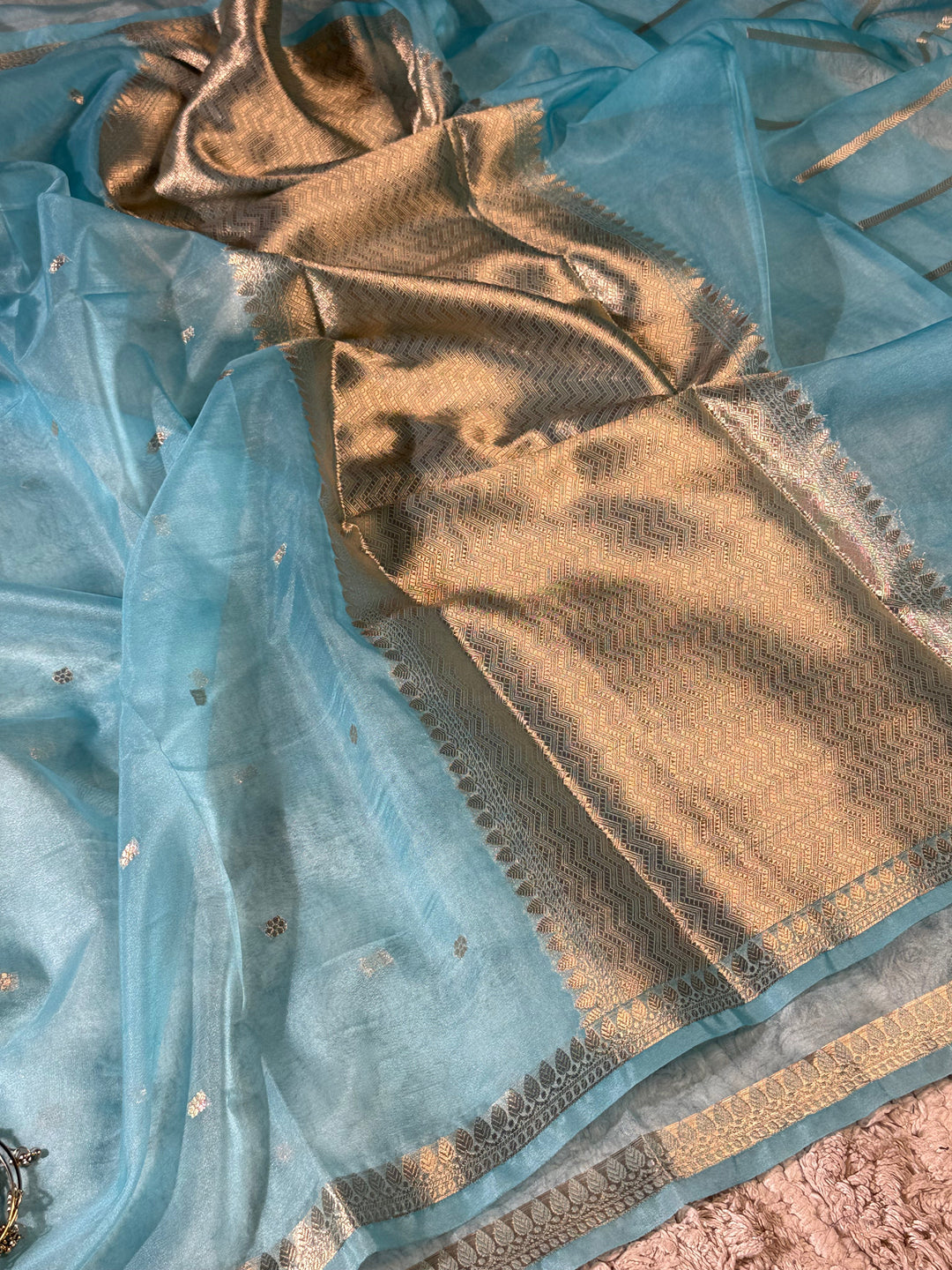 Sky Blue Zari Butti Silk Saree With Elegant Border