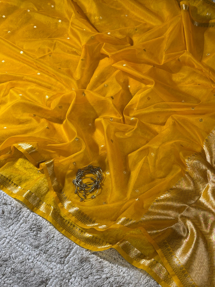 Mustard Yellow Zari Butti Silk Saree With Elegant Border
