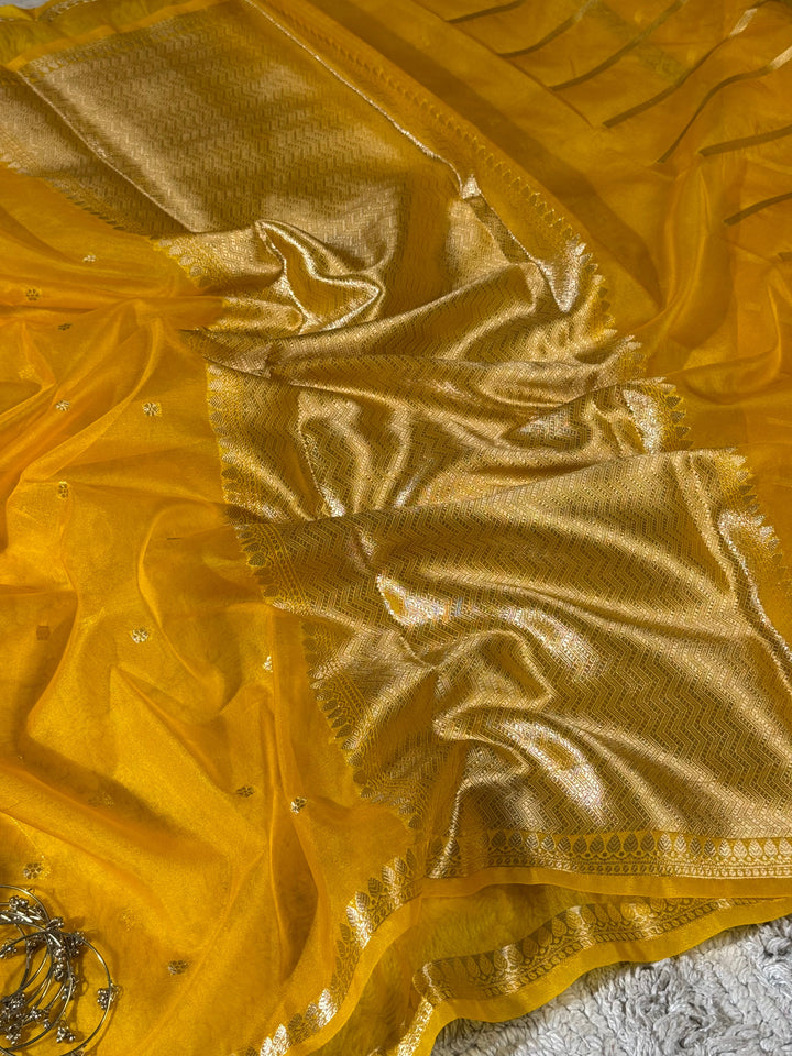 Mustard Yellow Zari Butti Silk Saree With Elegant Border